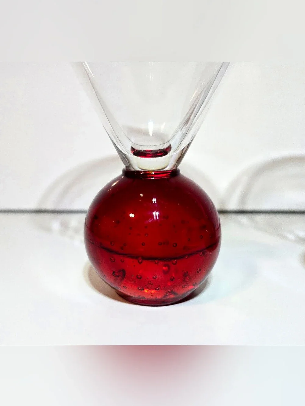 MCM Red Controlled Bubble Base Martini Glass Set of 2 Vintage Art Deco Drinkware